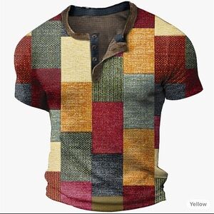 Men's Graphic Color Block Plaid / Check Waffle Henley Shirt Short Sleeve Size3XL
